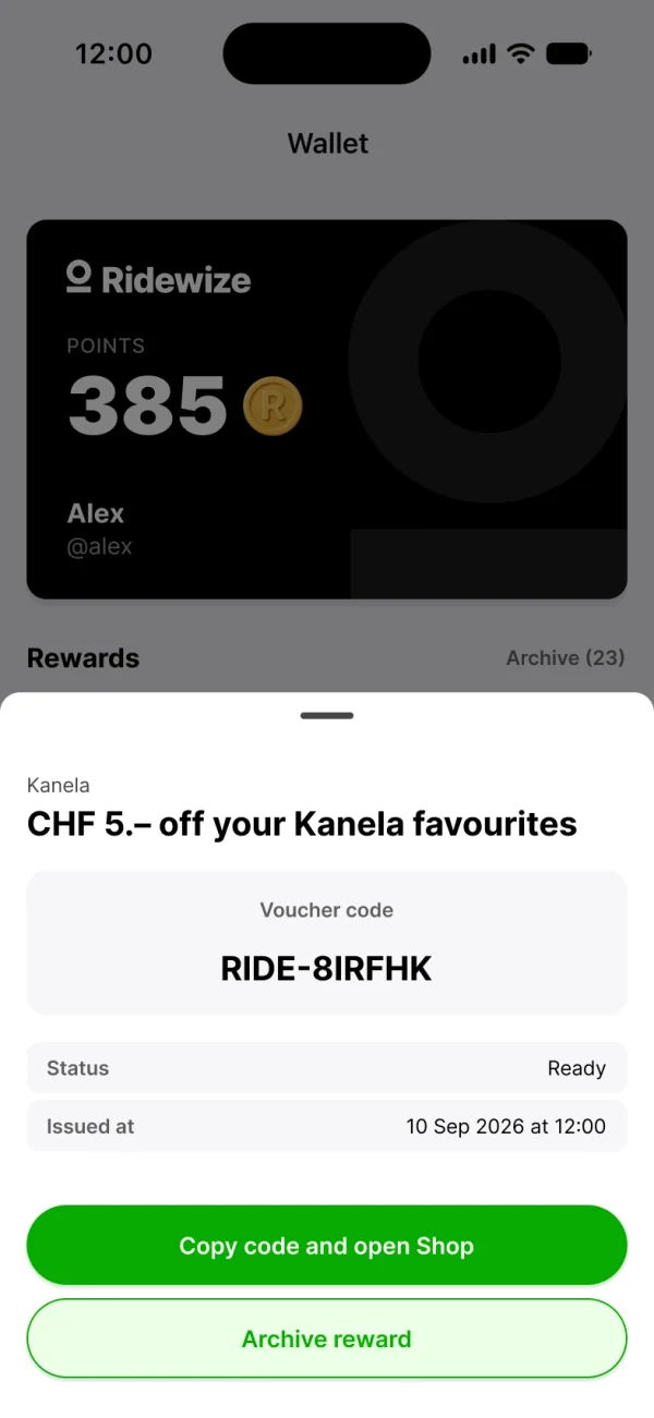 Einlösungsansicht einer Partnerbelohnung im Ridewize Wallet