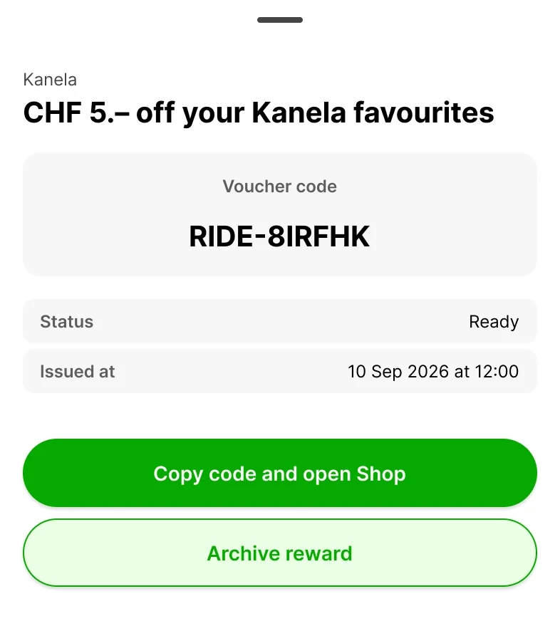 Ridewize Wallet mit aktuellem Punktestand und einer freigeschalteten Belohnung zum Einlösen.