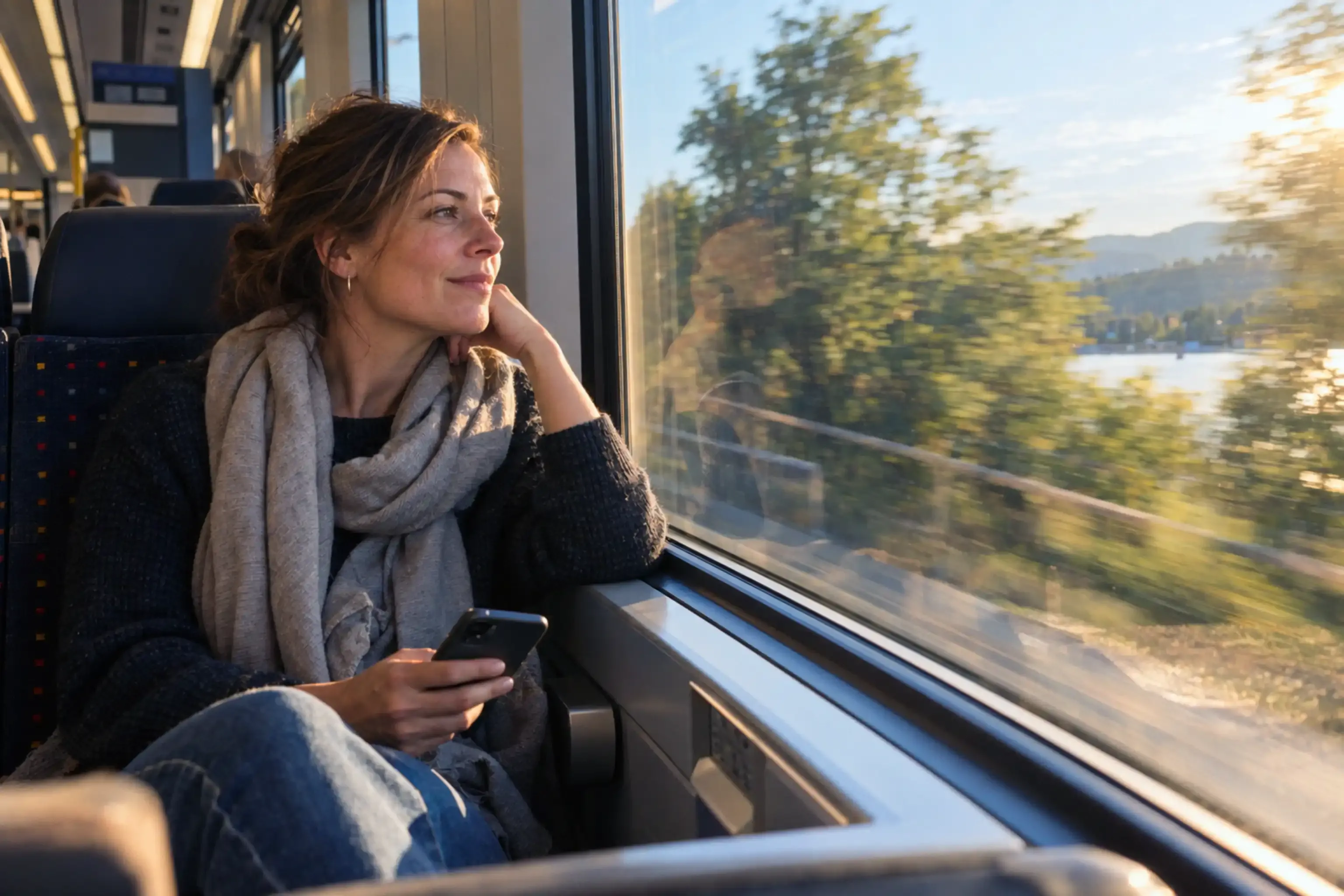 Reisende im Zug blickt während der Fahrt aus dem Fenster