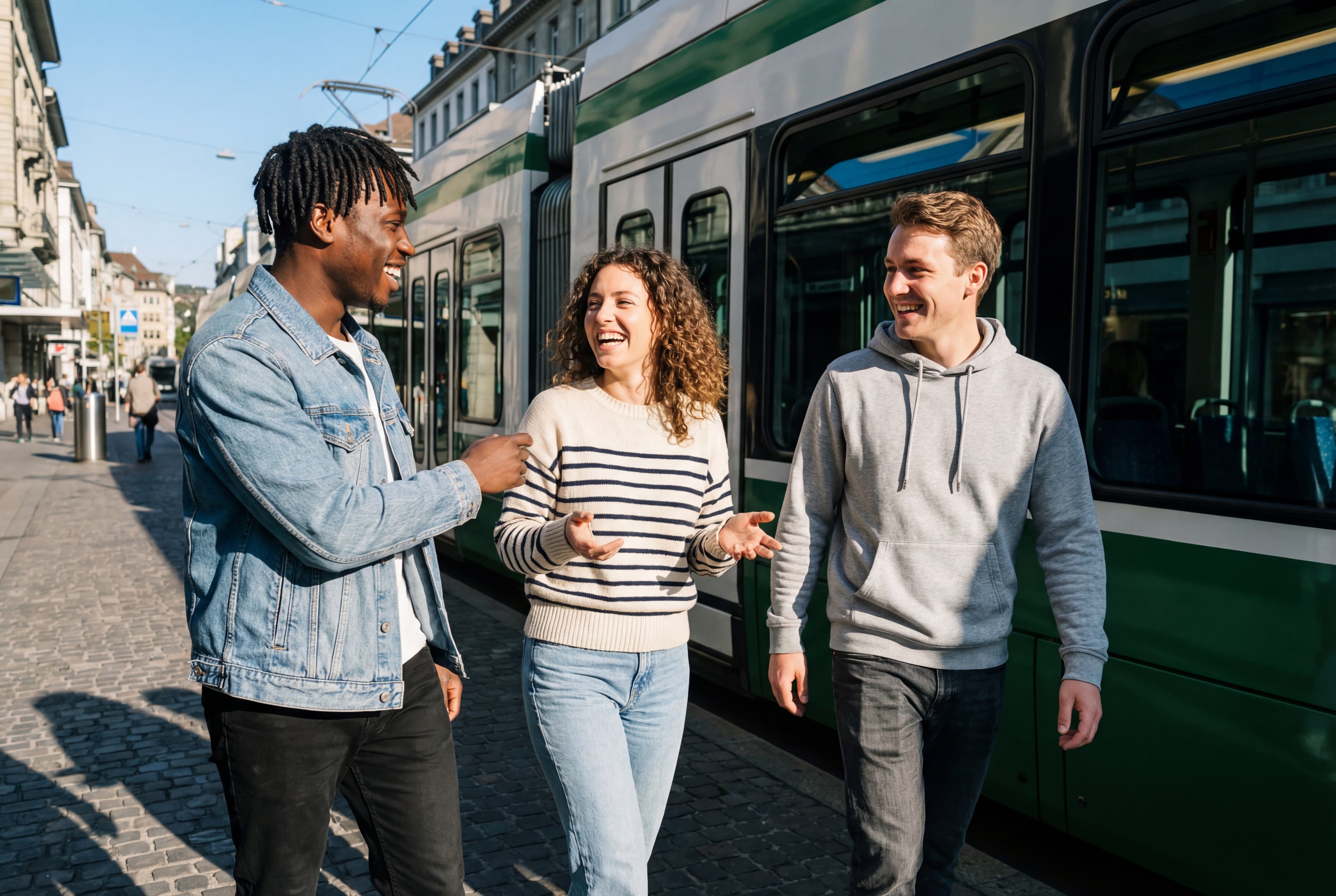 Three young people laughing together while walking beside a blue and white tram.