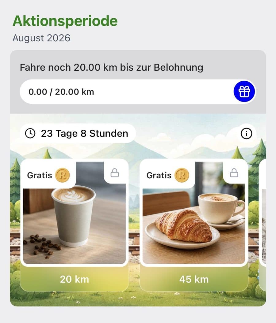 Ridewize Pass mit 0 von 20 Kilometern Fortschritt und gesperrten Demo-Belohnungen bei 20 und 45 Kilometern