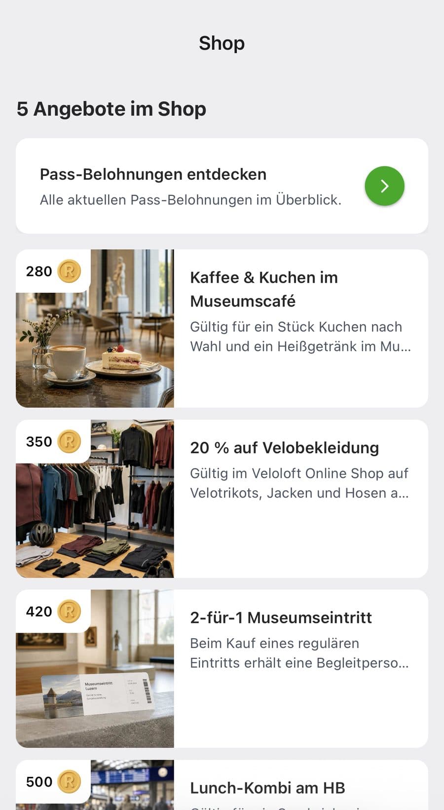 Ridewize Shop-Liste mit fünf illustrierten Demo-Angeboten, Kurzbeschreibungen und Punktepreisen