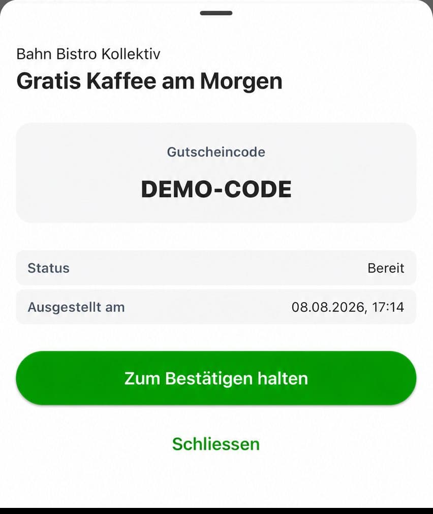 Ridewize Einlöseansicht einer Demo-Belohnung mit dem sanitisierten Gutscheincode DEMO-CODE und Bestätigungsschaltfläche