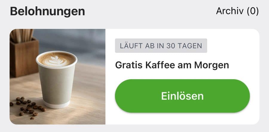 Ridewize Wallet mit einer freigeschalteten Demo-Belohnung für einen Gratis-Kaffee und Schaltfläche zum Einlösen